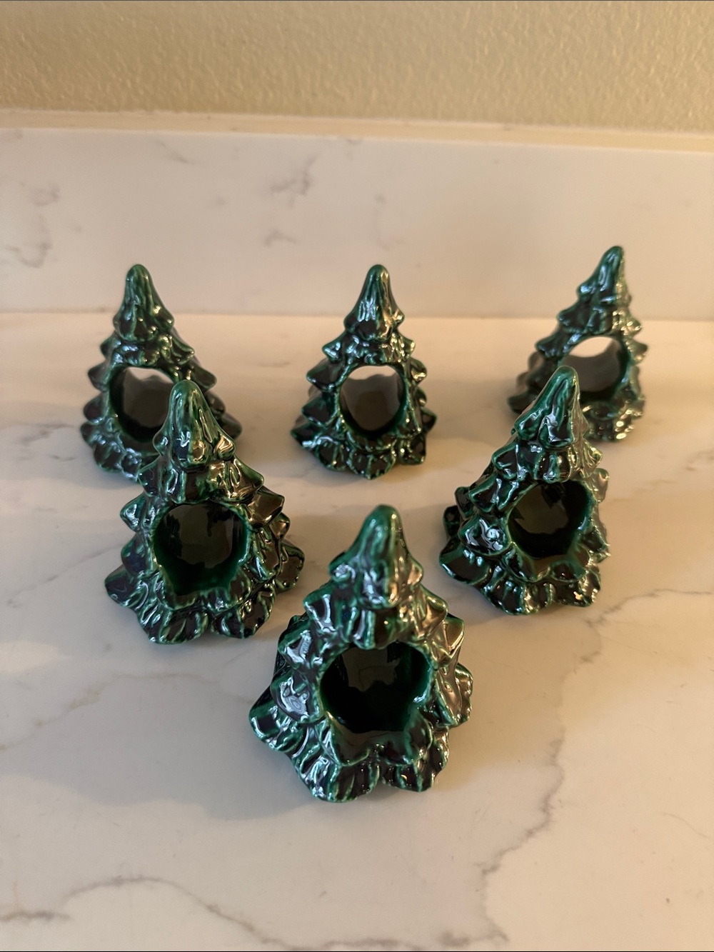 Vintage Holiday Ceramic Tree Napkin Rings Set of 6 Handmade and Signed